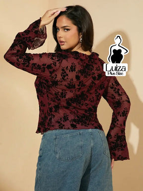 Blusa Tule Floral Babados Amarração Frontal Plus Size Blusa Tule Floral Babados Amarração Frontal Plus Size