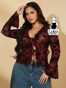 Blusa Tule Floral Babados Amarração Frontal Plus Size Vinho / G Blusa Tule Floral Babados Amarração Frontal Plus Size