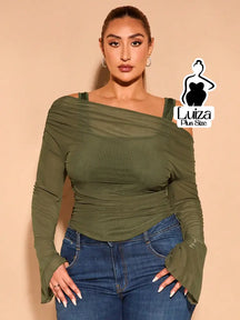 Blusa Tule Ombro A Ombro Manga Longa Flare Plus Size Verde Claro / G Blusa Tule Ombro A Ombro Manga Longa Flare Plus