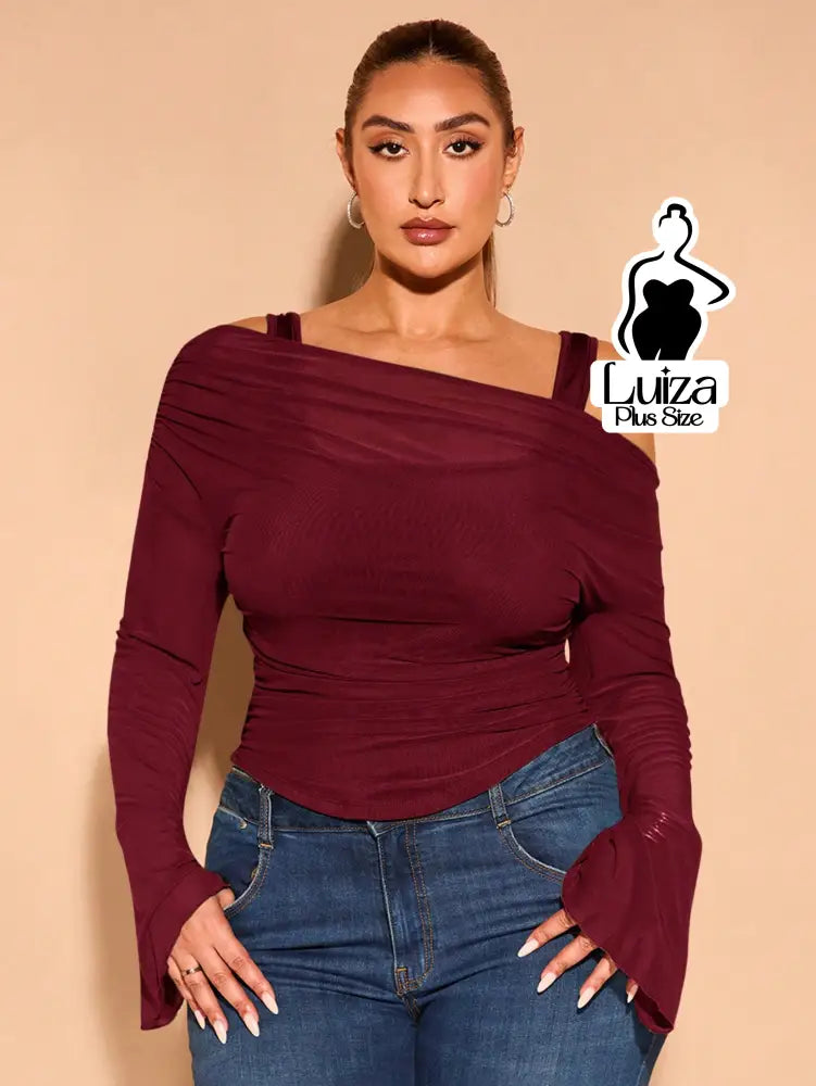 Blusa Tule Ombro A Ombro Manga Longa Flare Plus Size Vinho / G Blusa Tule Ombro A Ombro Manga Longa Flare Plus Size
