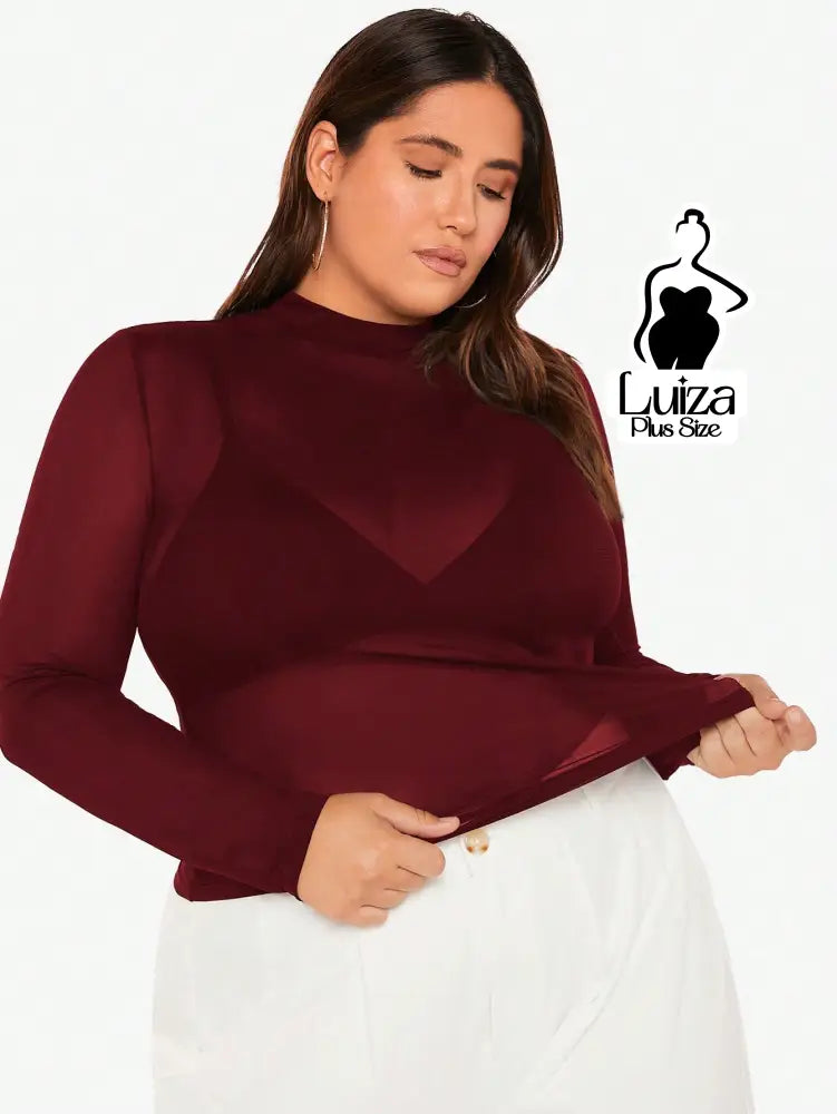 Blusa Tule Transparente Manga Longa Gola Alta Plus Size Blusa Tule Transparente Manga Longa Gola Alta Plus Size