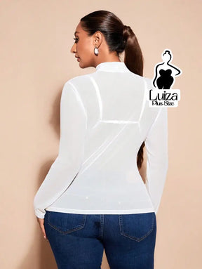 Blusa Tule Transparente Manga Longa Gola Alta Plus Size Blusa Tule Transparente Manga Longa Gola Alta Plus Size