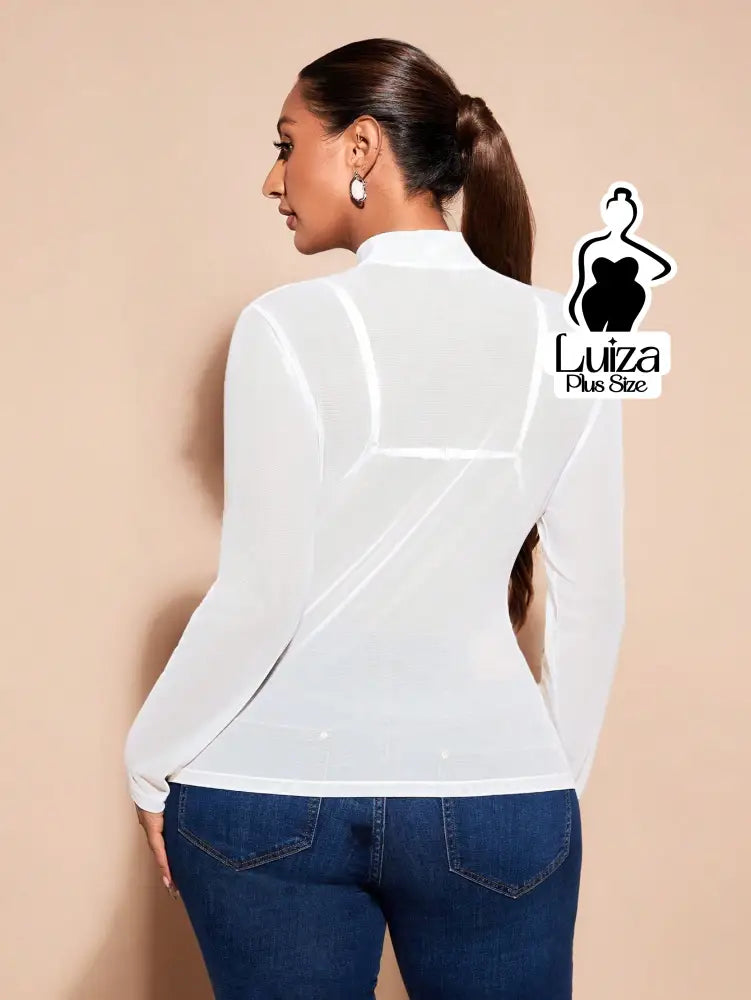 Blusa Tule Transparente Manga Longa Gola Alta Plus Size Blusa Tule Transparente Manga Longa Gola Alta Plus Size