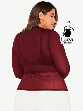 Blusa Tule Transparente Manga Longa Gola Alta Plus Size Blusa Tule Transparente Manga Longa Gola Alta Plus Size