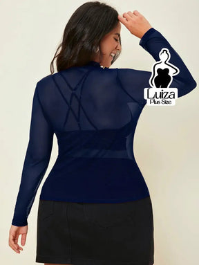 Blusa Tule Transparente Manga Longa Gola Alta Plus Size Blusa Tule Transparente Manga Longa Gola Alta Plus Size