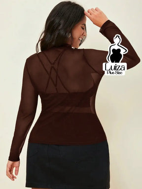 Blusa Tule Transparente Manga Longa Gola Alta Plus Size Blusa Tule Transparente Manga Longa Gola Alta Plus Size