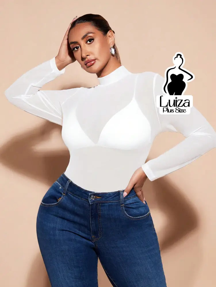 Blusa Tule Transparente Manga Longa Gola Alta Plus Size Blusa Tule Transparente Manga Longa Gola Alta Plus Size
