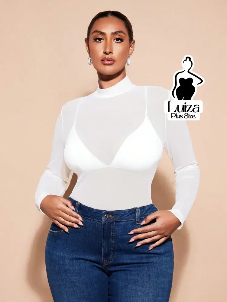 Blusa Tule Transparente Manga Longa Gola Alta Plus Size Branco / G Blusa Tule Transparente Manga Longa Gola Alta Plus