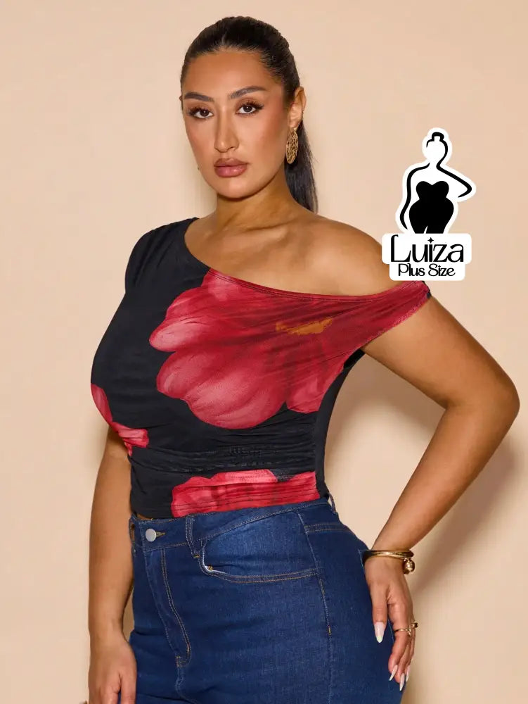 Blusa Um Ombro Estampa Floral Moderna Elegante Plus Size Blusa Um Ombro Estampa Floral Moderna Elegante Plus Size