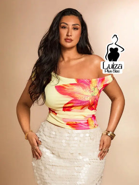 Blusa Um Ombro Estampa Floral Moderna Elegante Plus Size Blusa Um Ombro Estampa Floral Moderna Elegante Plus Size