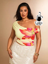 Blusa Um Ombro Estampa Floral Moderna Elegante Plus Size Amarelo Claro / G Blusa Um Ombro Estampa Floral Moderna