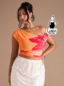 Blusa Um Ombro Estampa Floral Moderna Elegante Plus Size Laranja / G Blusa Um Ombro Estampa Floral Moderna Elegante
