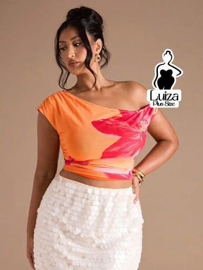 Blusa Um Ombro Estampa Floral Moderna Elegante Plus Size Laranja / G Blusa Um Ombro Estampa Floral Moderna Elegante