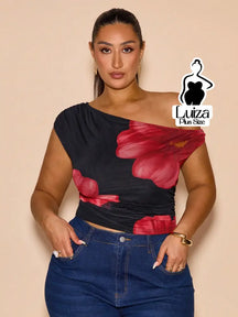 Blusa Um Ombro Estampa Floral Moderna Elegante Plus Size Preto / G Blusa Um Ombro Estampa Floral Moderna Elegante Plus