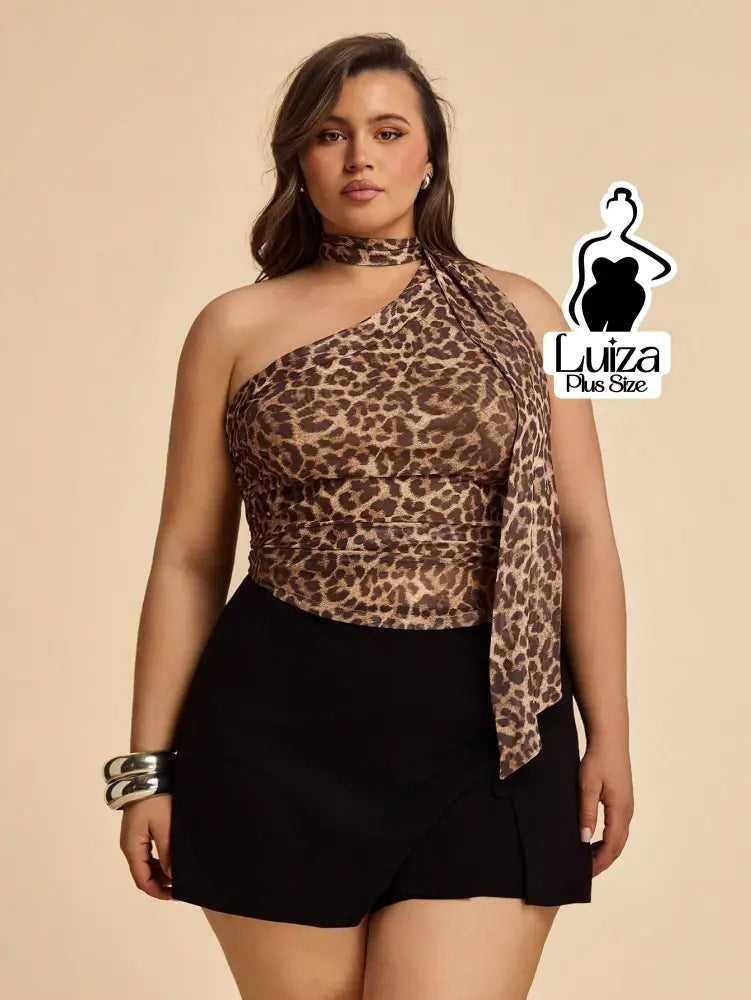 Blusa Um Ombro Só Animal Print Amarração Na Gola Plus Size Blusa Um Ombro Só Animal Print Amarração Na Gola Plus Size