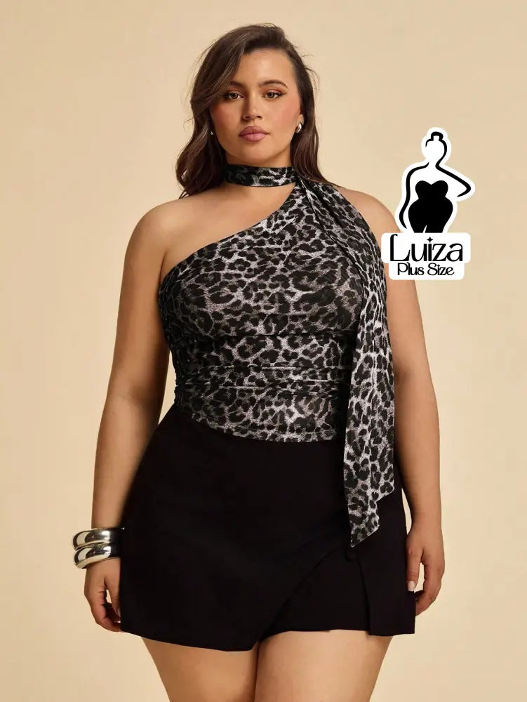 Blusa Um Ombro Só Animal Print Amarração Na Gola Plus Size Blusa Um Ombro Só Animal Print Amarração Na Gola Plus Size