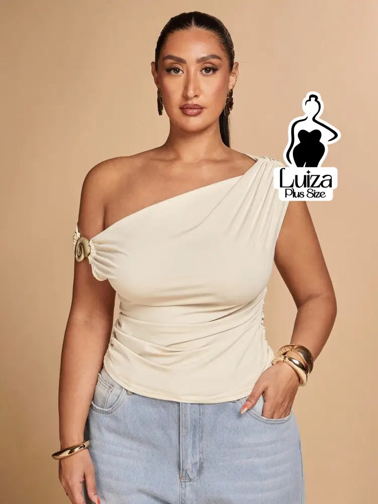 Blusa Um Ombro Só Argola Decorativa Drapeado Plus Size Damasco / G Blusa Um Ombro Só Argola Decorativa Drapeado Plus