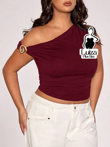 Blusa Um Ombro Só Argola Decorativa Drapeado Plus Size Vinho / G Blusa Um Ombro Só Argola Decorativa Drapeado Plus Size