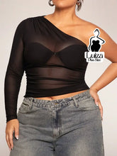Blusa Um Ombro Só Tule Transparente Manga Longa Plus Size Preto / G Blusa Um Ombro Só Tule Transparente Manga Longa