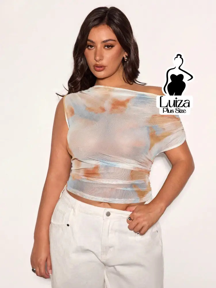 Blusa Um Ombro Tule Estampa Abstrata Moderna Plus Size Blusa Um Ombro Tule Estampa Abstrata Moderna Plus Size