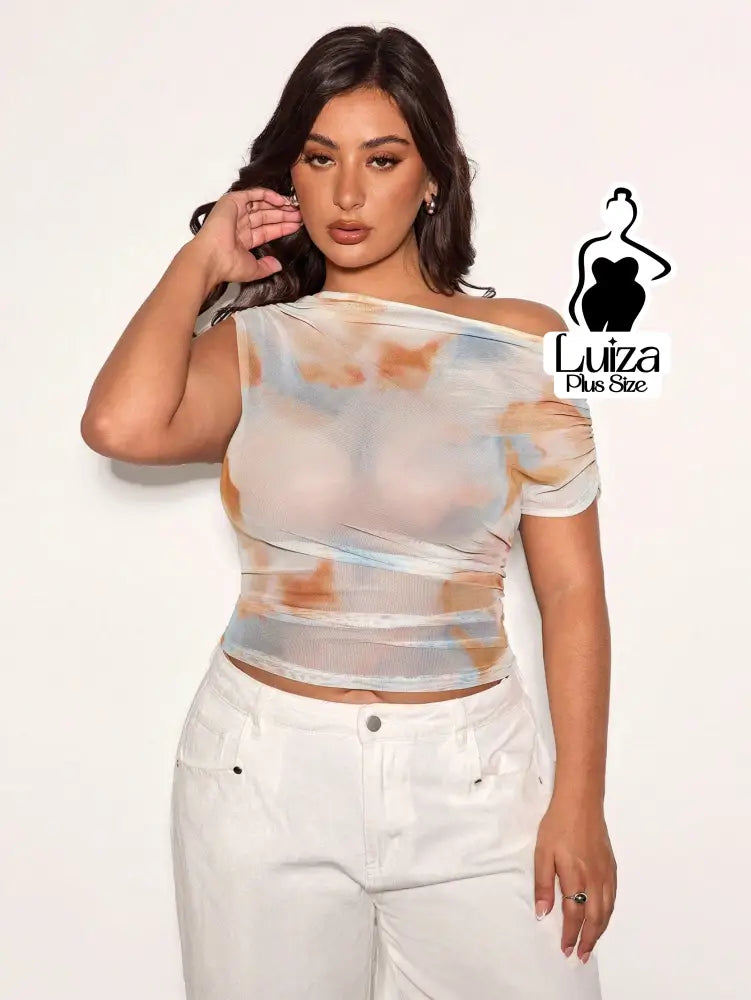 Blusa Um Ombro Tule Estampa Abstrata Moderna Plus Size Blusa Um Ombro Tule Estampa Abstrata Moderna Plus Size