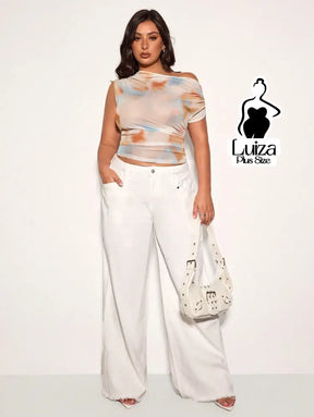 Blusa Um Ombro Tule Estampa Abstrata Moderna Plus Size Branco / G Blusa Um Ombro Tule Estampa Abstrata Moderna Plus Size