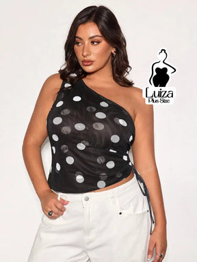 Blusa Um Ombro Tule Estampa Poá Moderna Elegante Plus Size Blusa Um Ombro Tule Estampa Poá Moderna Elegante Plus Size
