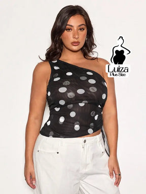 Blusa Um Ombro Tule Estampa Poá Moderna Elegante Plus Size Blusa Um Ombro Tule Estampa Poá Moderna Elegante Plus Size