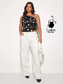 Blusa Um Ombro Tule Estampa Poá Moderna Elegante Plus Size Preto e Branco / G Blusa Um Ombro Tule Estampa Poá Moderna