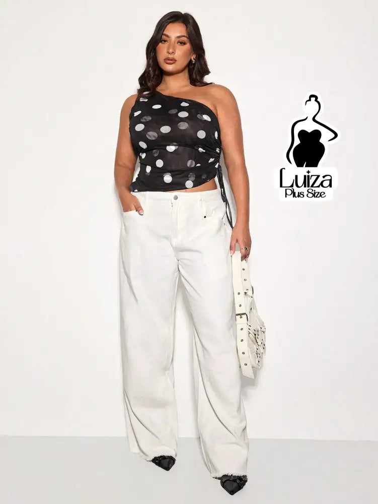 Blusa Um Ombro Tule Estampa Poá Moderna Elegante Plus Size Preto e Branco / G Blusa Um Ombro Tule Estampa Poá Moderna