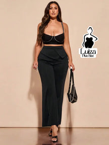 Calça Alfaiataria Cintura Alta Detalhe Transpassado Plus Size Preto / G Calça Alfaiataria Cintura Alta Detalhe