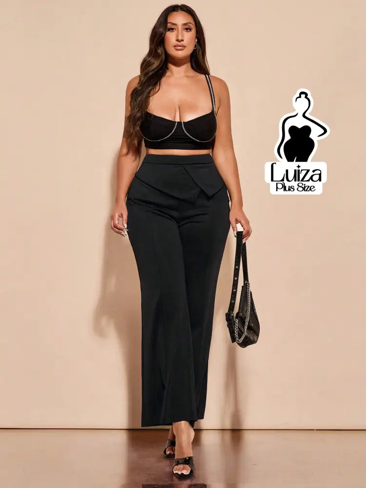 Calça Alfaiataria Cintura Alta Detalhe Transpassado Plus Size Preto / G Calça Alfaiataria Cintura Alta Detalhe