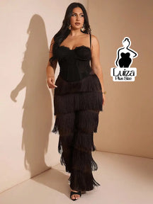 Calça Cintura Alta Franjas Camadas Estilo Fashion Plus Size Café / G Calça Cintura Alta Franjas Camadas Estilo Fashion