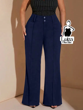Calça Flare Cintura Alta Botões Recorte Alfaiataria Plus Size Azul-Marinho / G Calça Flare Cintura Alta Botões Recorte