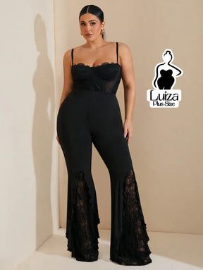 Calça Flare Cintura Alta Recortes De Renda Plus Size Preto / G Calça Flare Cintura Alta Recortes De Renda Plus Size