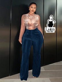 Calça Flare Cintura Alta Veludo Canelado Listrado Plus Size Azul / G Calça Flare Cintura Alta Veludo Canelado Listrado