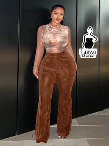 Calça Flare Cintura Alta Veludo Canelado Listrado Plus Size Marrom / G Calça Flare Cintura Alta Veludo Canelado