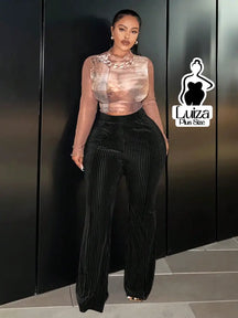 Calça Flare Cintura Alta Veludo Canelado Listrado Plus Size Preto / G Calça Flare Cintura Alta Veludo Canelado Listrado