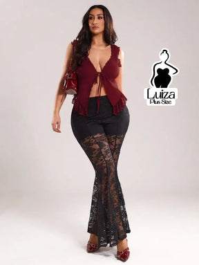 Calça Flare Transparente Renda Sofisticada Plus Size Calça Flare Transparente Renda Sofisticada Plus Size