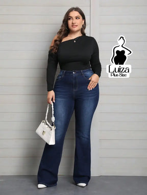 Calça Jeans Flare Cintura Alta Lavagem Escura Plus Size Calça Jeans Flare Cintura Alta Lavagem Escura Plus Size