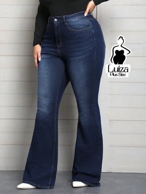 Calça Jeans Flare Cintura Alta Lavagem Escura Plus Size Calça Jeans Flare Cintura Alta Lavagem Escura Plus Size