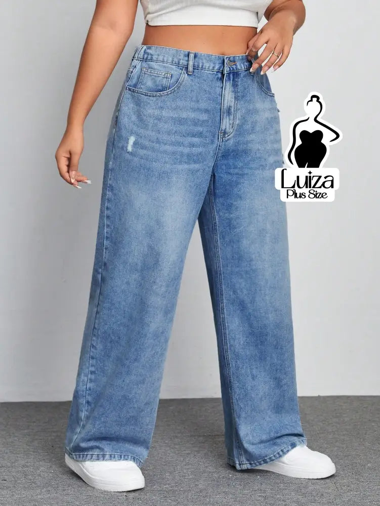 Calça Jeans Wide Leg Cintura Alta Caimento Solto Plus Size Calça Jeans Wide Leg Cintura Alta Caimento Solto Plus Size