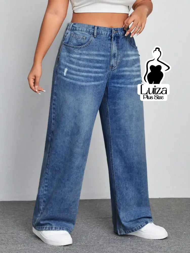 Calça Jeans Wide Leg Cintura Alta Caimento Solto Plus Size Calça Jeans Wide Leg Cintura Alta Caimento Solto Plus Size