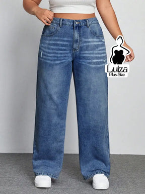 Calça Jeans Wide Leg Cintura Alta Caimento Solto Plus Size Lavagem escura / G Calça Jeans Wide Leg Cintura Alta