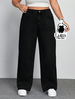 Calça Jeans Wide Leg Cintura Alta Caimento Solto Plus Size Preto / G Calça Jeans Wide Leg Cintura Alta Caimento Solto