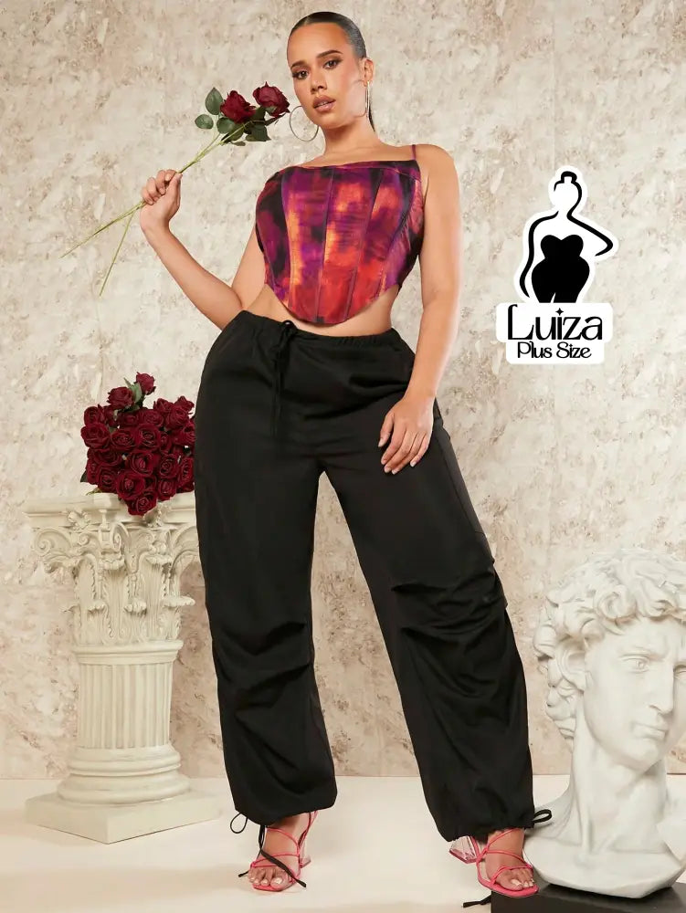 Calça Jogger Cintura Alta Amarração Ajuste Barra Plus Size Calça Jogger Cintura Alta Amarração Ajuste Barra Plus Size