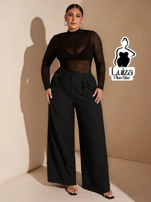Calça Pantalona Alfaiataria Cintura Alta Com Pregas Plus Size Preto / G Calça Pantalona Alfaiataria Cintura Alta Com