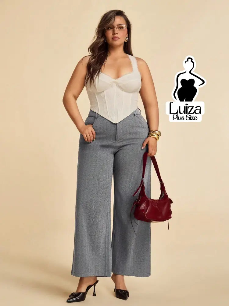 Calça Pantalona Alfaiataria Cintura Alta Moderna Plus Size Chumbo / G Calça Pantalona Alfaiataria Cintura Alta Moderna