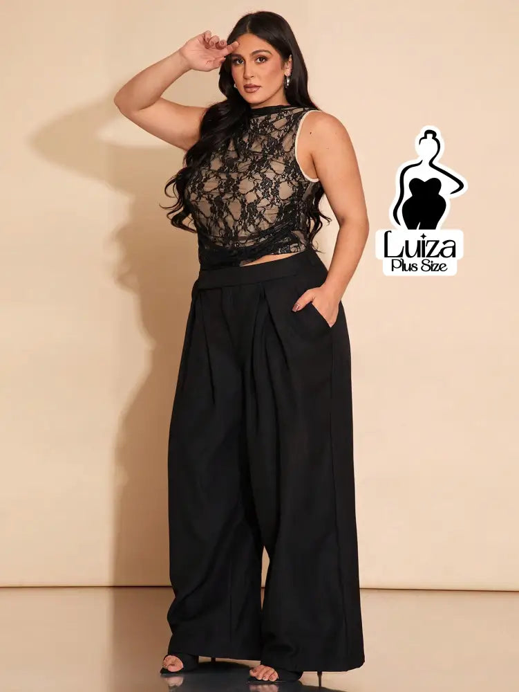 Calça Pantalona Alfaiataria Pregas Amplas Plus Size Calça Pantalona Alfaiataria Pregas Amplas Plus Size