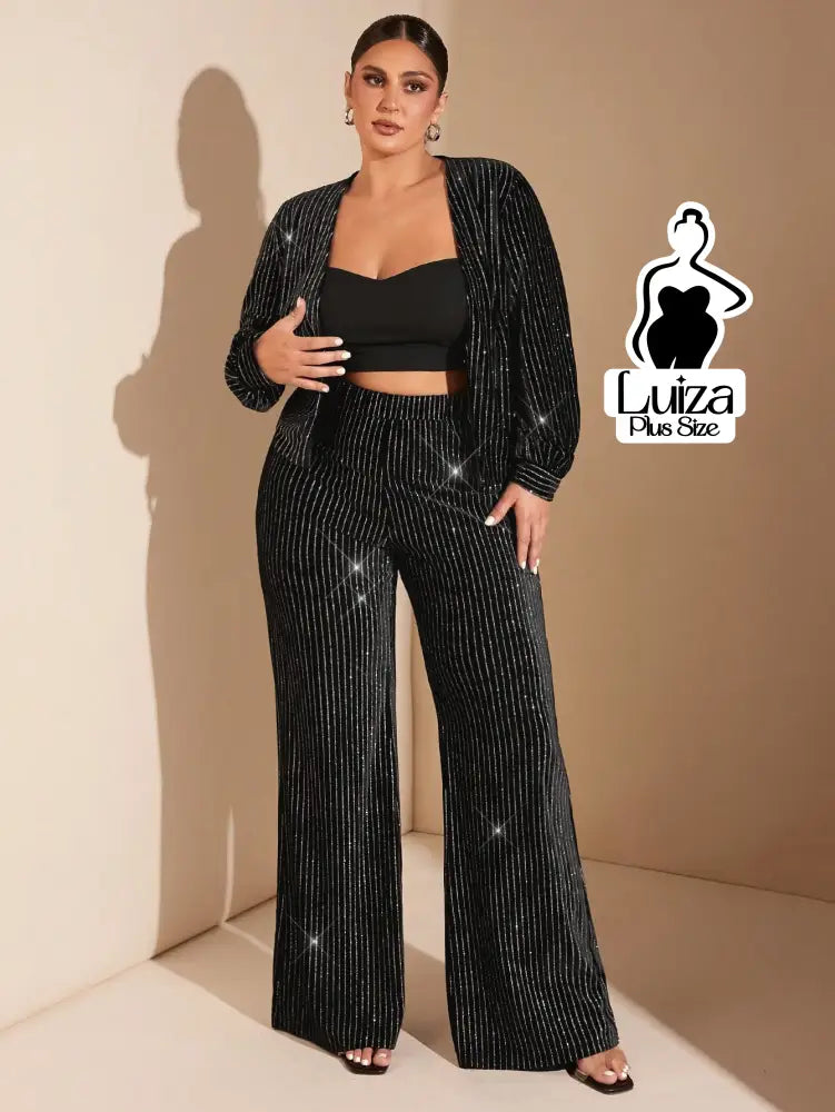 Calça Pantalona Brilho Listrada Estilo Festivo Plus Size Calça Pantalona Brilho Listrada Estilo Festivo Plus Size